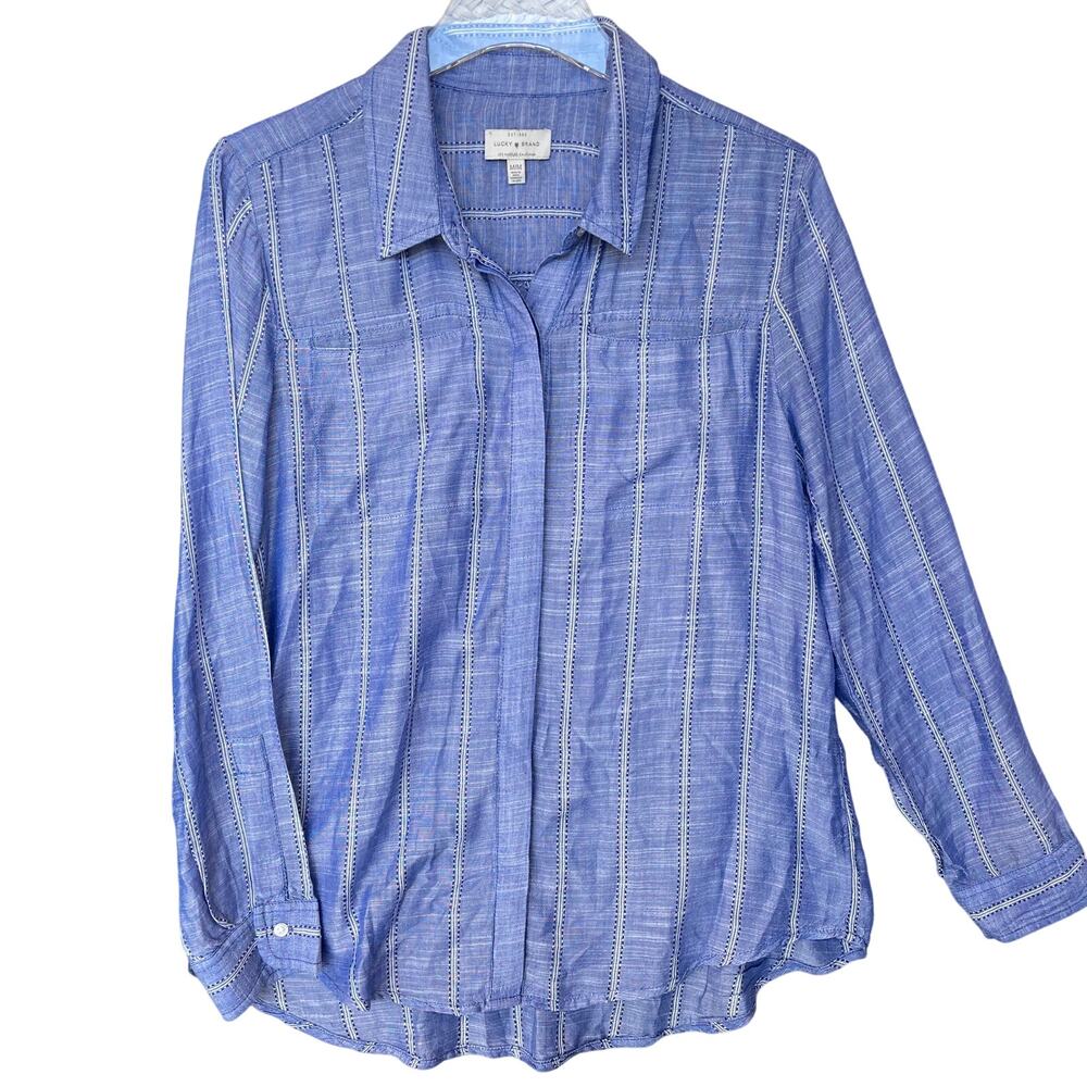 Lucky Brand Women's Button Down Shirt Stretch Striped Button Fly Blue Size M